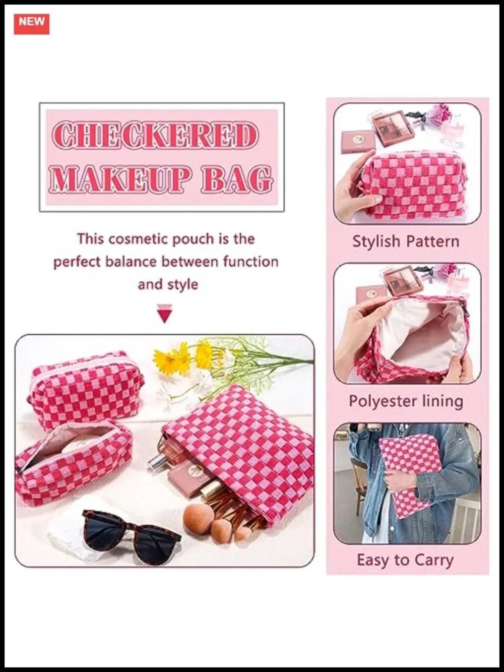 Knitted Fabric Makeup Bag Set, Checkered Toiletry Travel Bags for Women, Pencil